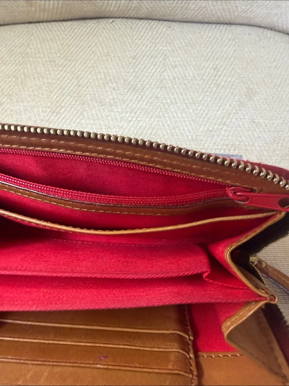 Dooney & Bourke Red Pebbled Leather Zip Wallet with Gold Plaque